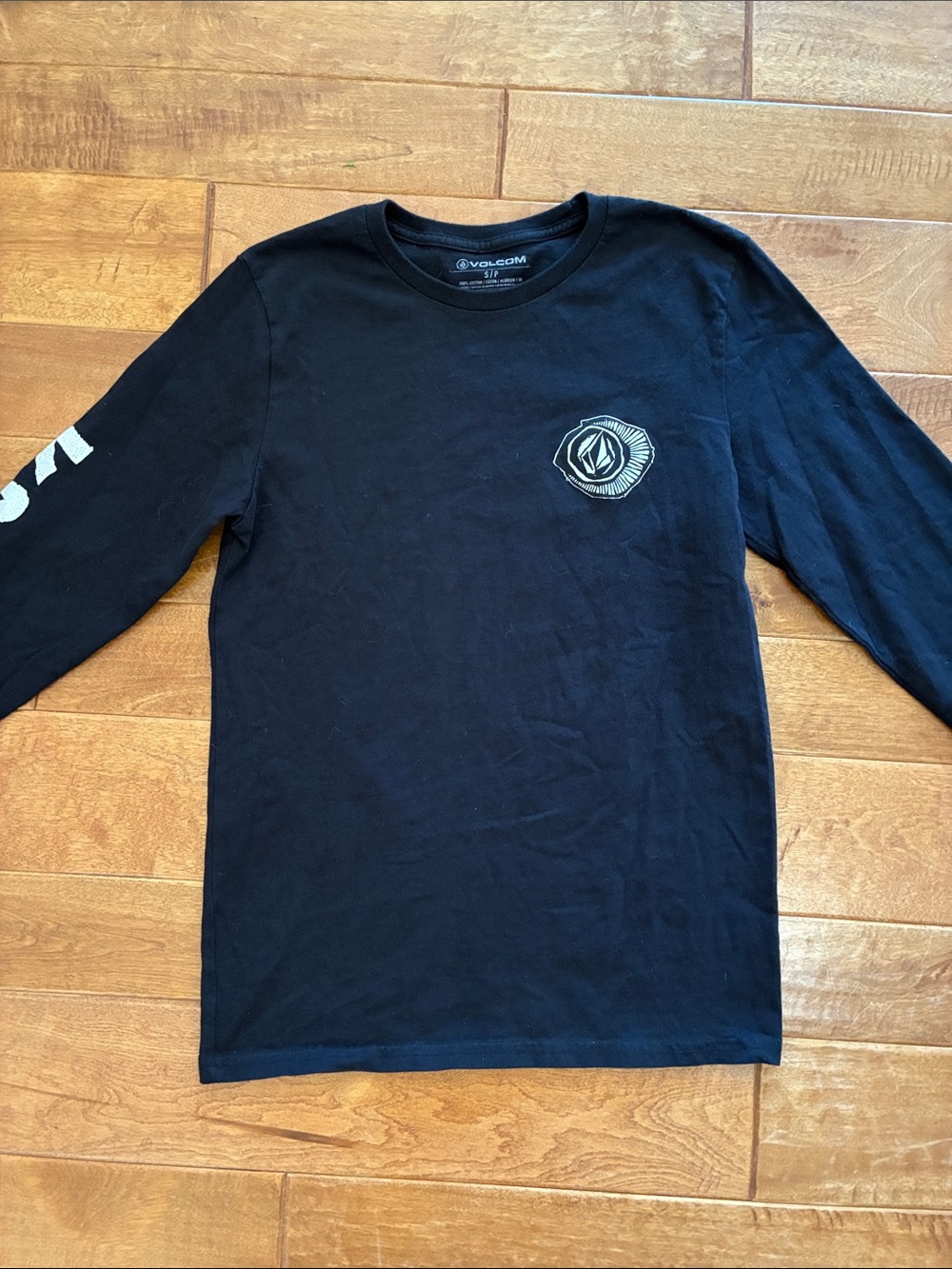 Volcom Black Long Sleeve Logo Tee with White Sleeve Print small